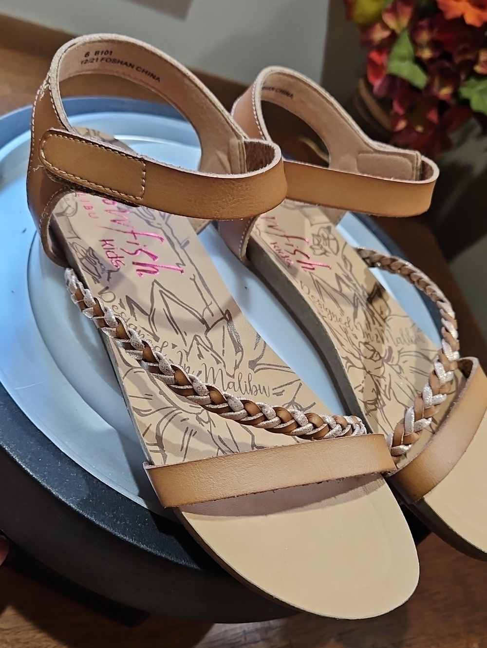 Girls' Tan Braided Ankle-Strap Sandals - Picture 5 of 13